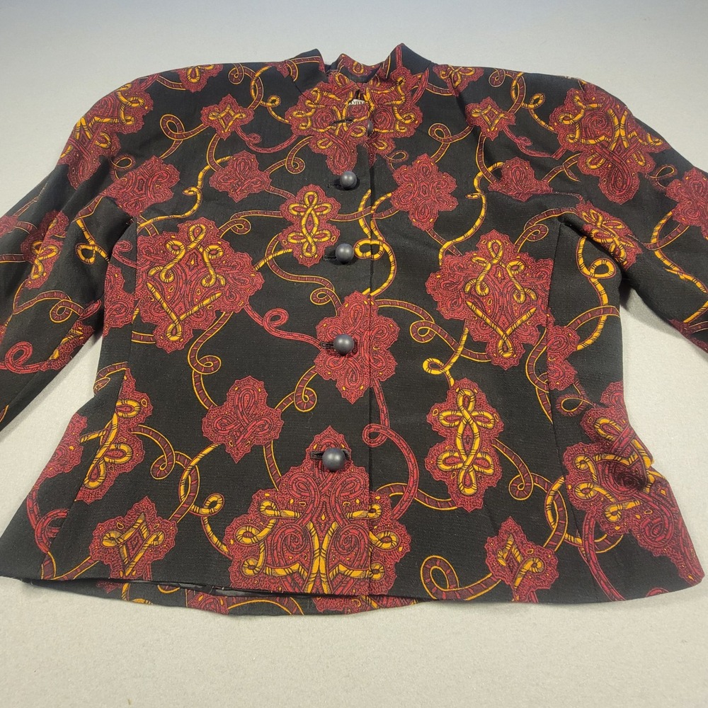 Vintage Gloria‎ Sachs NY Blazer Size M 100% Wool Red Black Baroque Print Jacket
